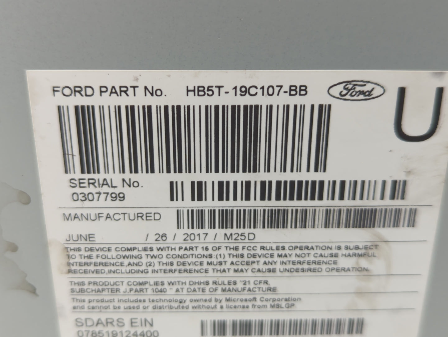 2017 Ford Explorer Radio AM FM Cd Player Receiver Replacement P/N:HB5T-19C107-BB Fits OEM Used Auto Parts - Oemusedautoparts1.com