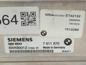 2001-2002 Bmw 325i PCM Engine Control Computer ECU ECM PCU OEM P/N:7 511 570 Fits Fits 2001 2002 OEM Used Auto Parts