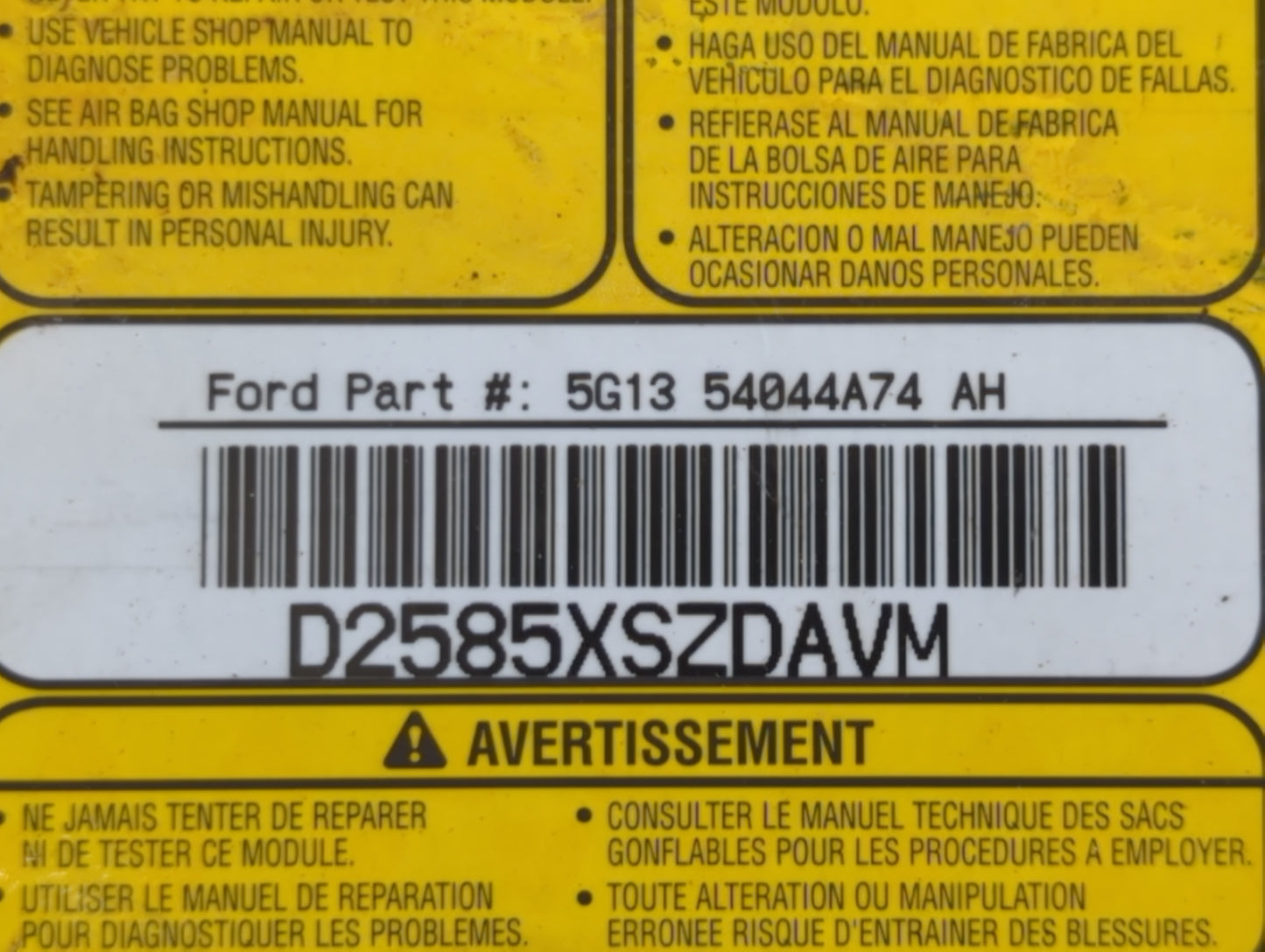 2005-2007 Ford Five Hundred Air Bag Passenger Right Dashboard OEM P/N:5G13 54044A74 D2585XSZDAVM Fits Fits 2005 2006 2007 OEM Used Auto Parts - Oemusedautoparts1.com