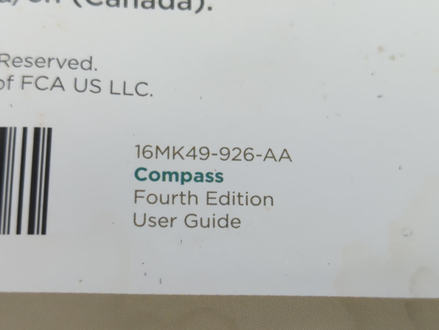 2016 Jeep Compass Owners Manual Book Guide P/N:16MK49-926-AA OEM Used Auto Parts - Oemusedautoparts1.com