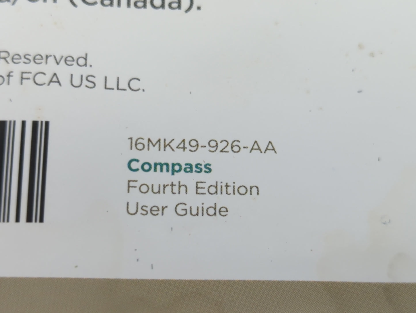 2016 Jeep Compass Owners Manual Book Guide P/N:16MK49-926-AA OEM Used Auto Parts - Oemusedautoparts1.com