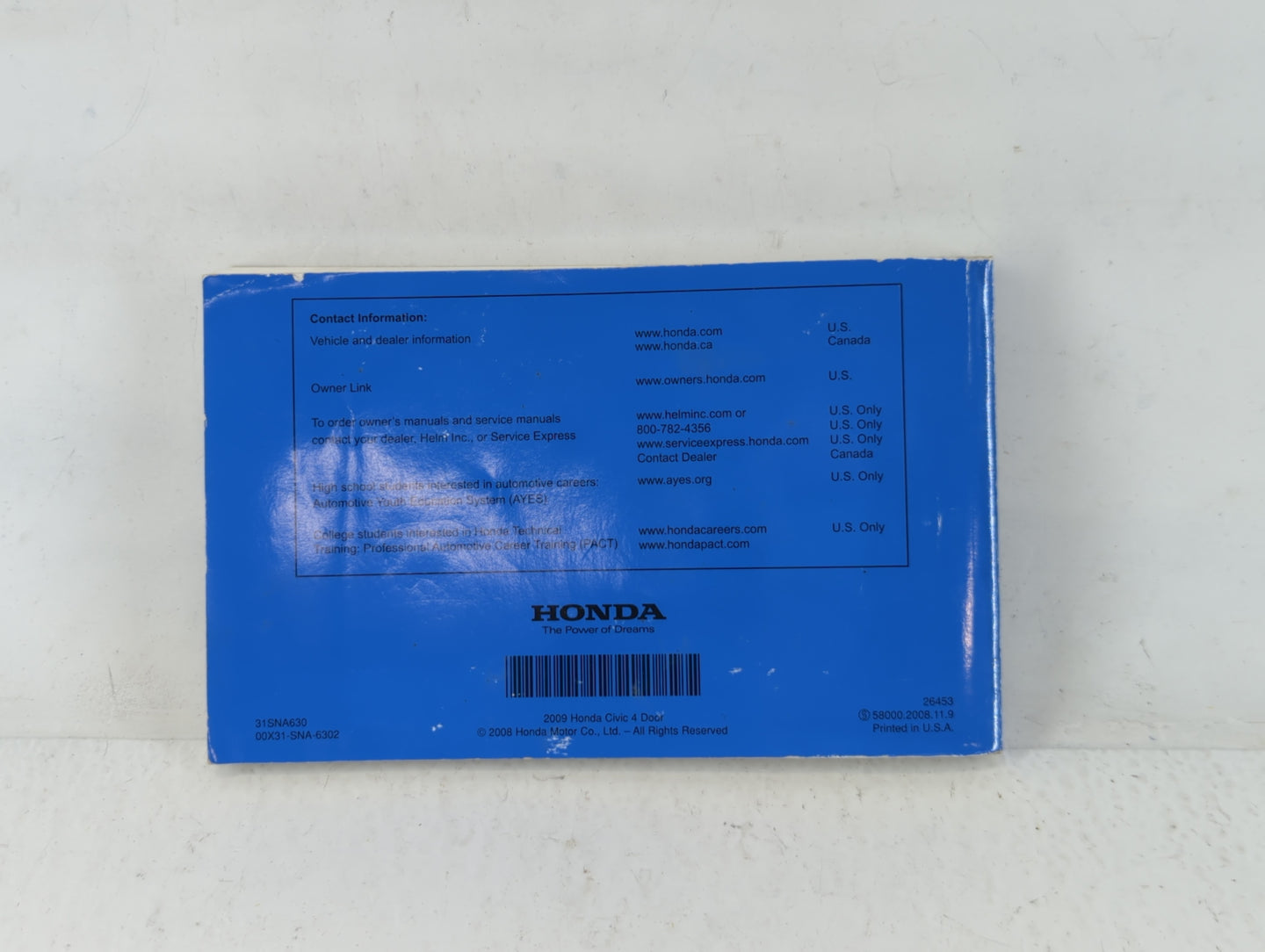 2009 Honda Civic Owners Manual Book Guide P/N:00X31-SNA-6302 31SNA630 OEM Used Auto Parts - Oemusedautoparts1.com