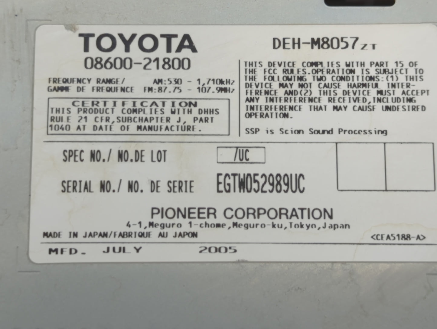 2006-2009 Lexus Is350 Radio AM FM Cd Player Receiver Replacement P/N:08600-21800 Fits OEM Used Auto Parts - Oemusedautoparts1.com