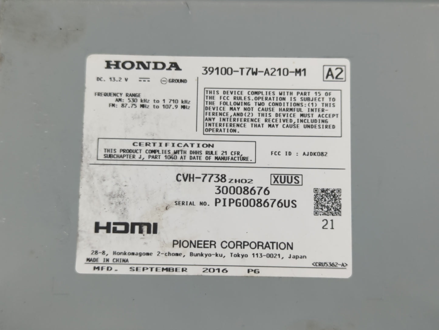 2017 Honda Hr-V Radio AM FM Cd Player Receiver Replacement P/N:39100-T7W-A210-M1 Fits OEM Used Auto Parts - Oemusedautoparts1.com
