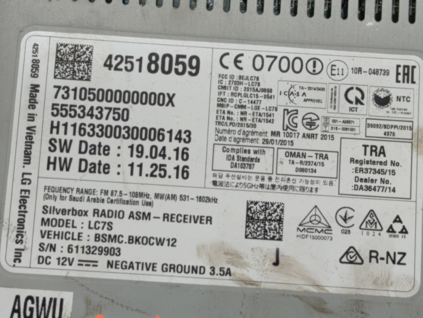 2017 Chevrolet Spark Radio AM FM Cd Player Receiver Replacement P/N:42518059 Fits Fits 2018 2019 OEM Used Auto Parts - Oemusedautoparts1.com