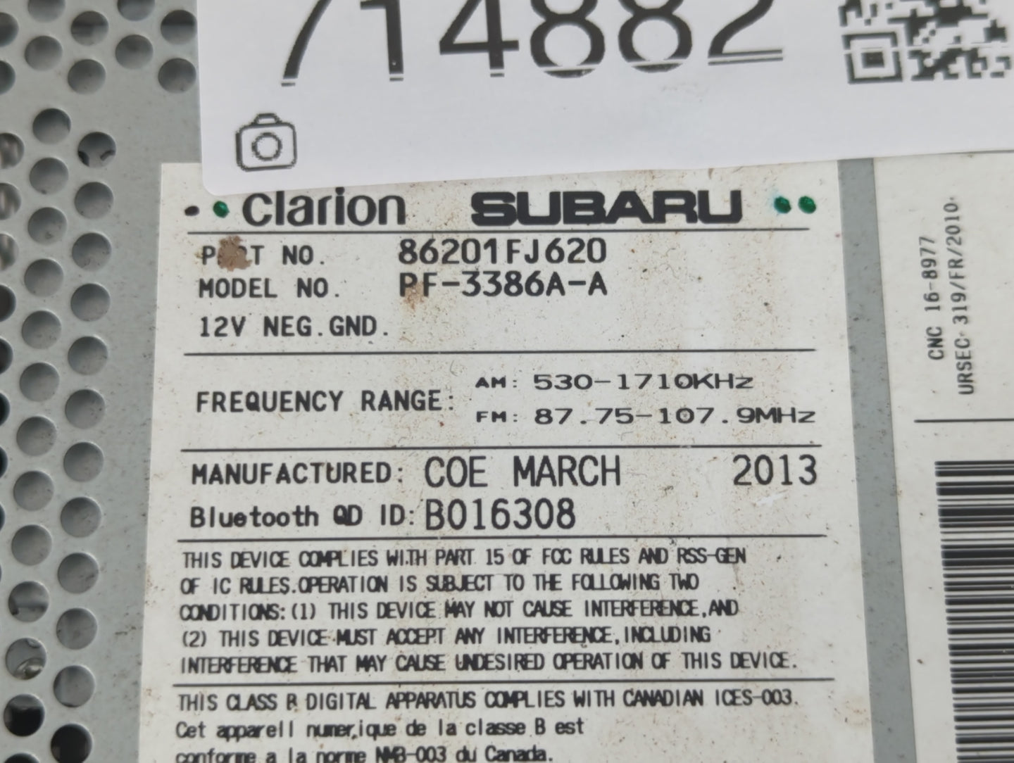 2012-2014 Subaru Impreza Radio AM FM Cd Player Receiver Replacement P/N:86201FJ620 Fits Fits 2012 2013 2014 OEM Used Auto Parts - Oemusedautoparts1.com