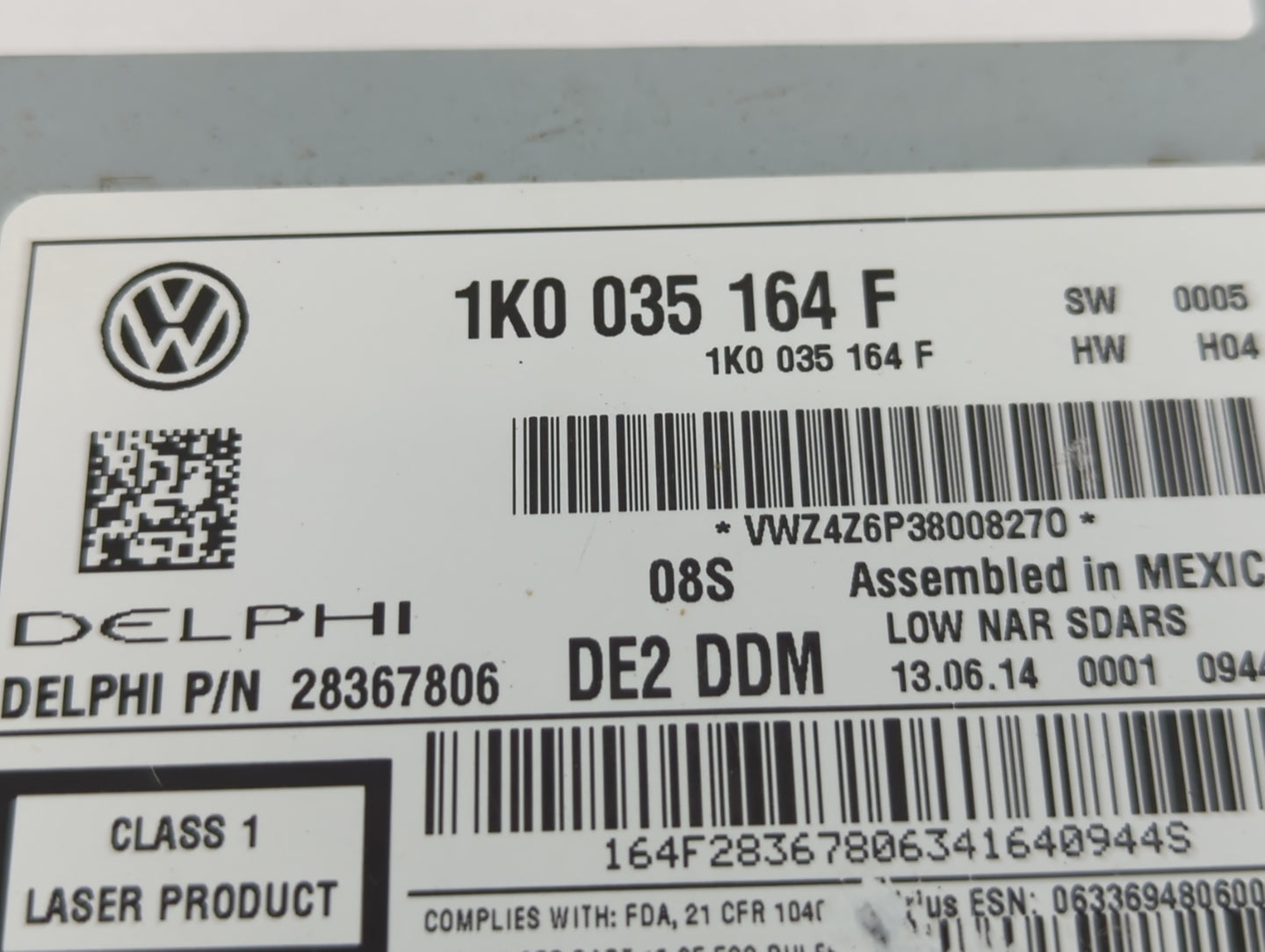 2013-2015 Volkswagen Passat Radio AM FM Cd Player Receiver Replacement P/N:1K0 035 164 F Fits Fits 2013 2014 2015 OEM Used Auto Parts - Oemusedautoparts1.com
