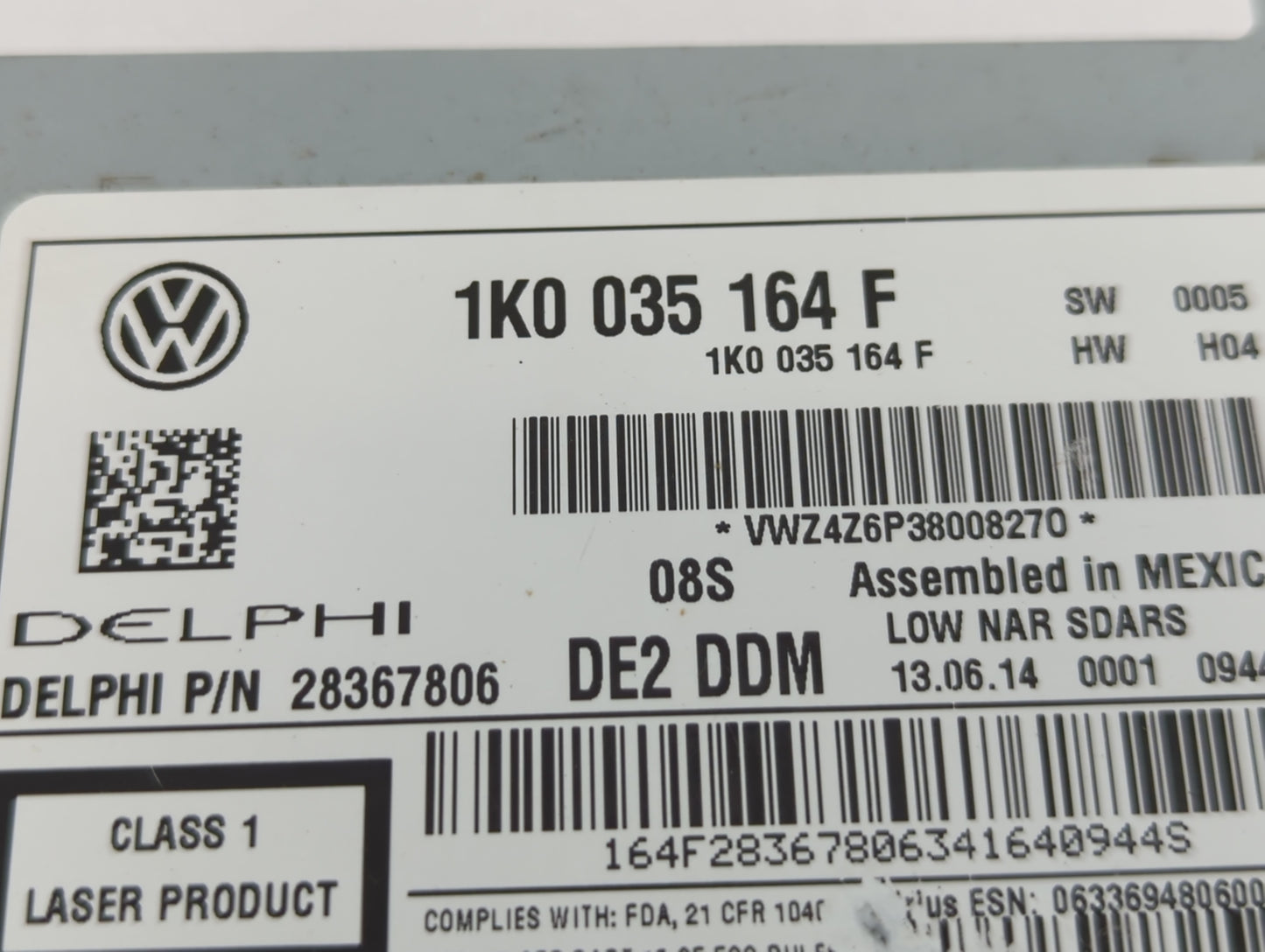 2013-2015 Volkswagen Passat Radio AM FM Cd Player Receiver Replacement P/N:1K0 035 164 F Fits Fits 2013 2014 2015 OEM Used Auto Parts - Oemusedautoparts1.com