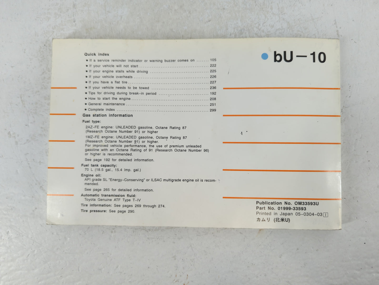 2003 Toyota Camry Owners Manual Book Guide P/N:01999-33593 OEM Used Auto Parts - Oemusedautoparts1.com