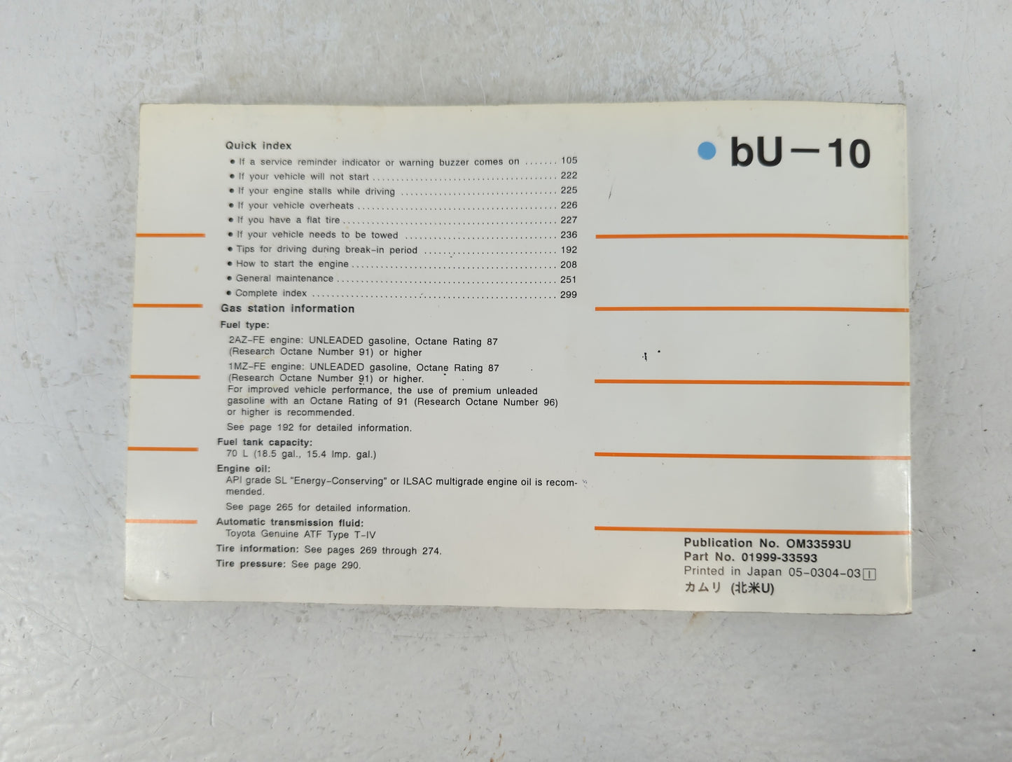 2003 Toyota Camry Owners Manual Book Guide P/N:01999-33593 OEM Used Auto Parts - Oemusedautoparts1.com