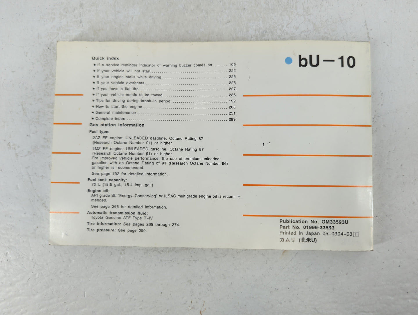 2003 Toyota Camry Owners Manual Book Guide P/N:01999-33593 OEM Used Auto Parts - Oemusedautoparts1.com