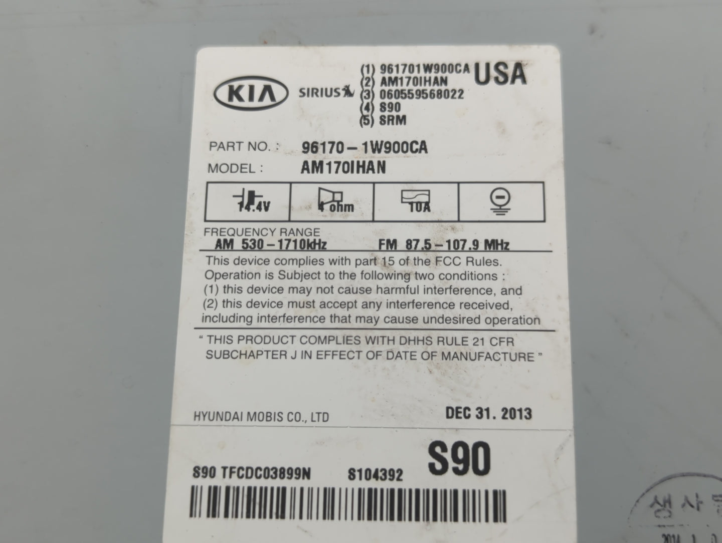 2012-2015 Kia Rio Radio AM FM Cd Player Receiver Replacement P/N:96170-1W900CA Fits Fits 2012 2013 2014 2015 OEM Used Auto Parts - Oemusedautoparts1.com