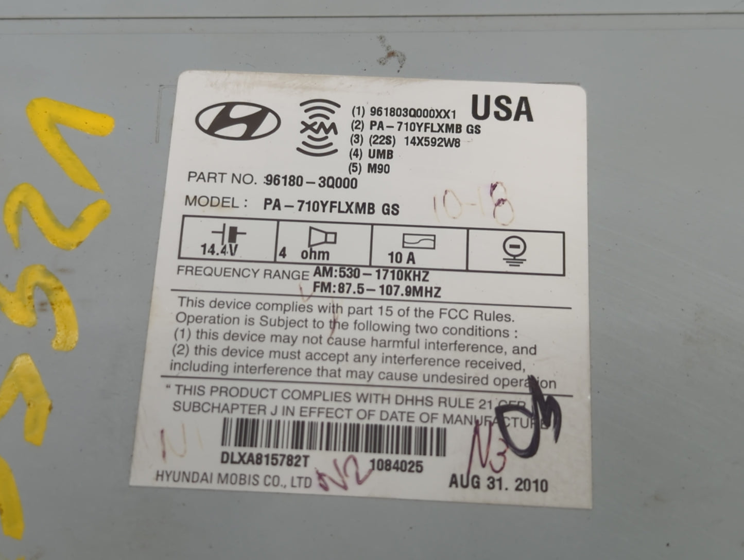 2011 Hyundai Sonata Radio AM FM Cd Player Receiver Replacement P/N:96180-3Q000 Fits OEM Used Auto Parts - Oemusedautoparts1.com