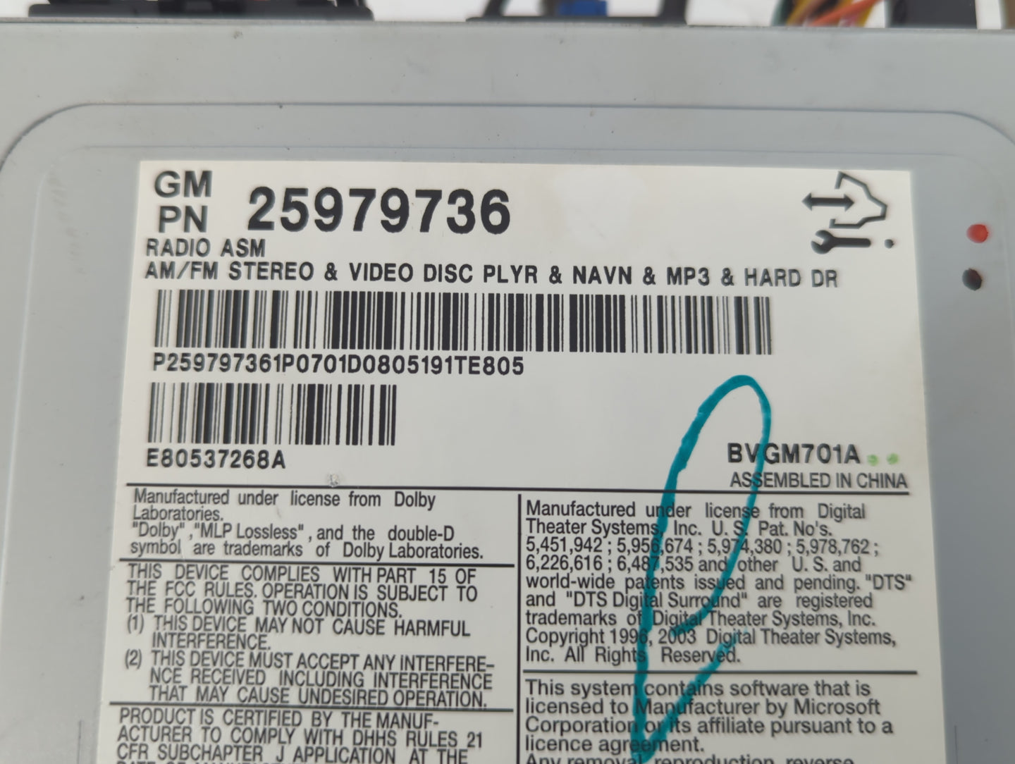 2008-2011 Cadillac Cts Radio AM FM Cd Player Receiver Replacement P/N:25979736 20904448 Fits Fits 2008 2009 2010 2011 OEM Used Auto Parts - Oemusedautoparts1.com