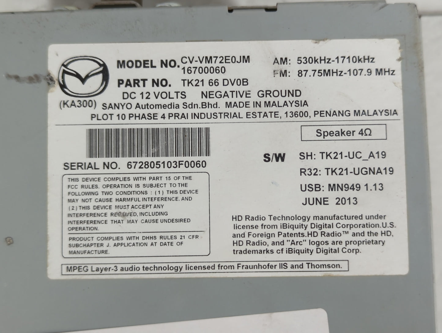 2013-2015 Mazda Cx-9 Radio AM FM Cd Player Receiver Replacement P/N:CV-VN72E0JM 16700060, TK21 66 DV0B Fits Fits 2013 2014 2015 OEM Used Auto Parts - Oemusedautoparts1.com