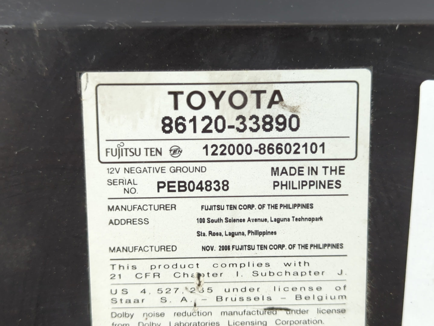 2007-2009 Toyota Camry Radio AM FM Cd Player Receiver Replacement P/N:86120-33890 Fits Fits 2007 2008 2009 OEM Used Auto Parts - Oemusedautoparts1.com