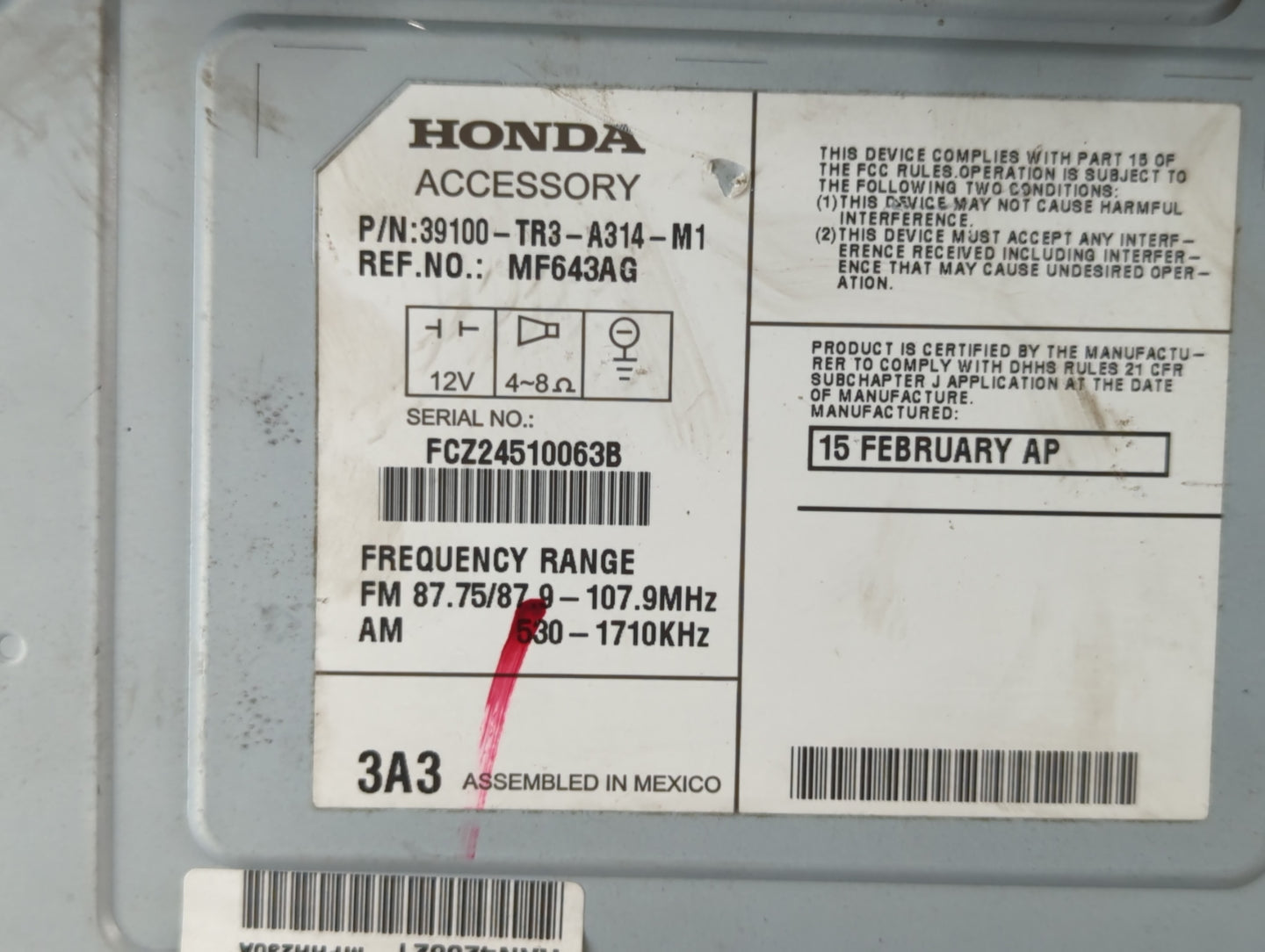 2014-2015 Honda Civic Radio AM FM Cd Player Receiver Replacement P/N:39100-TR3-A314-M1 Fits Fits 2014 2015 OEM Used Auto Parts - Oemusedautoparts1.com