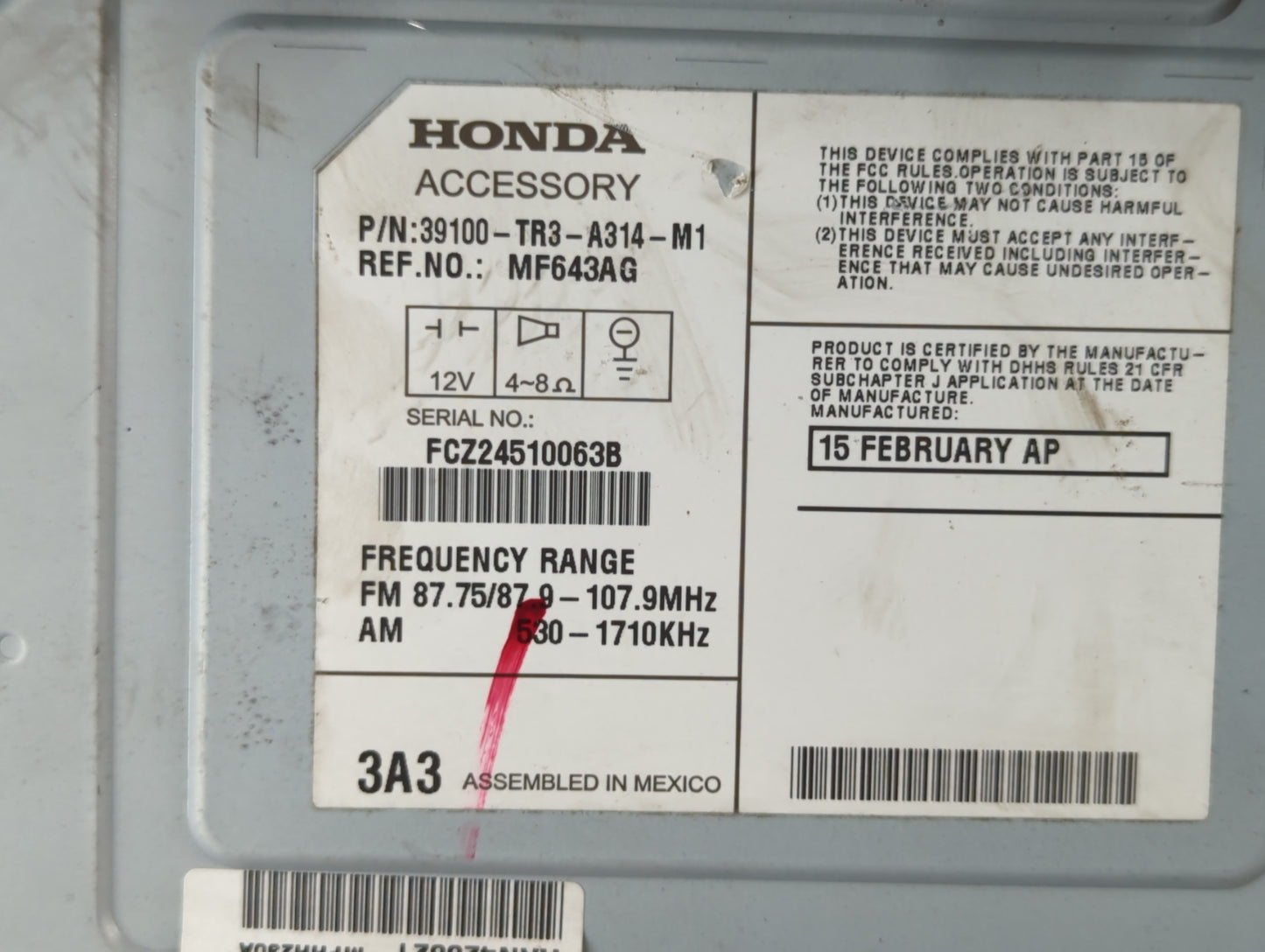 2014-2015 Honda Civic Radio AM FM Cd Player Receiver Replacement P/N:39100-TR3-A314-M1 Fits Fits 2014 2015 OEM Used Auto Parts - Oemusedautoparts1.com