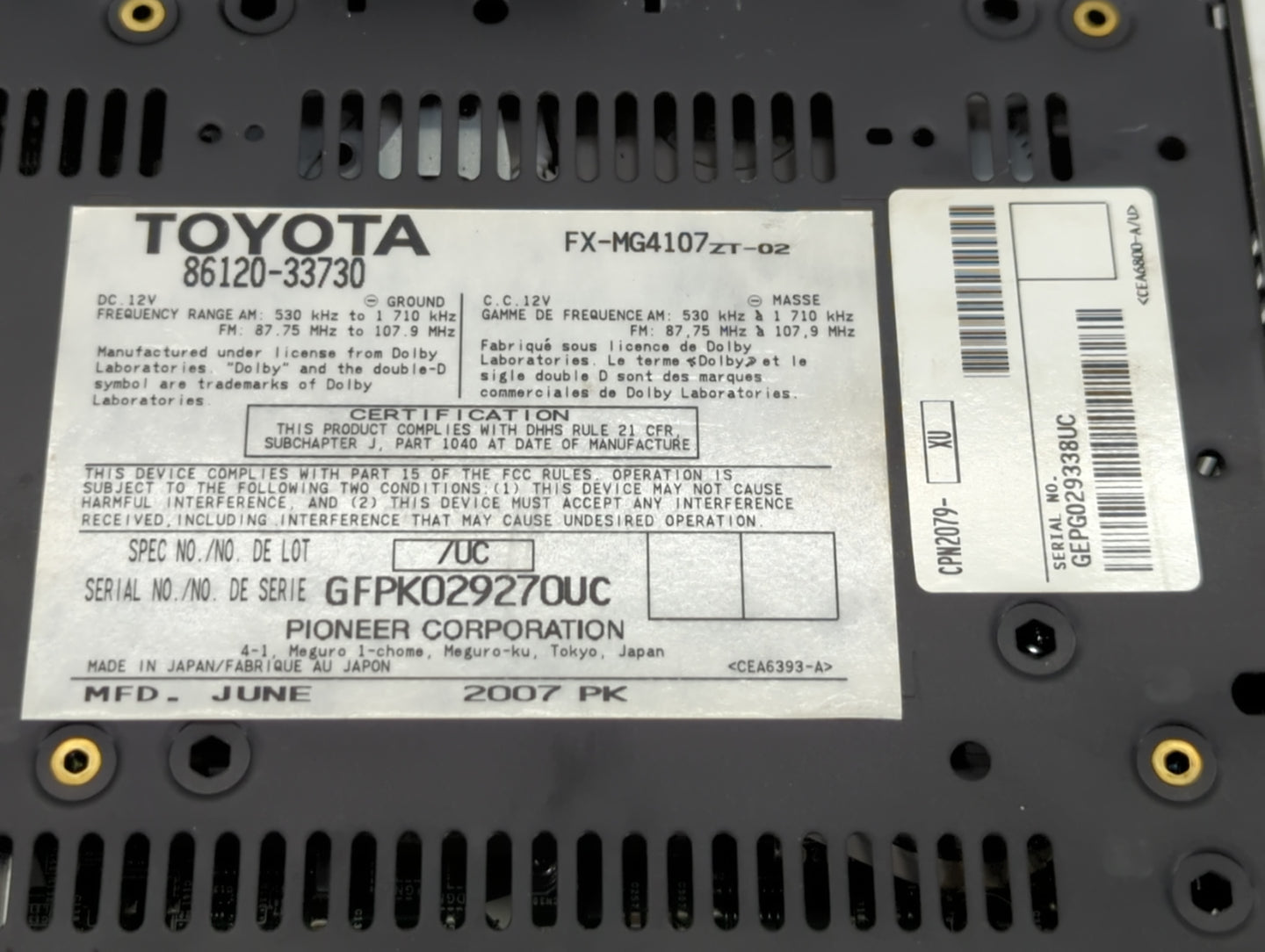 2007-2009 Lexus Es350 Radio AM FM Cd Player Receiver Replacement P/N:86120-33730-2 Fits Fits 2007 2008 2009 OEM Used Auto Parts - Oemusedautoparts1.com