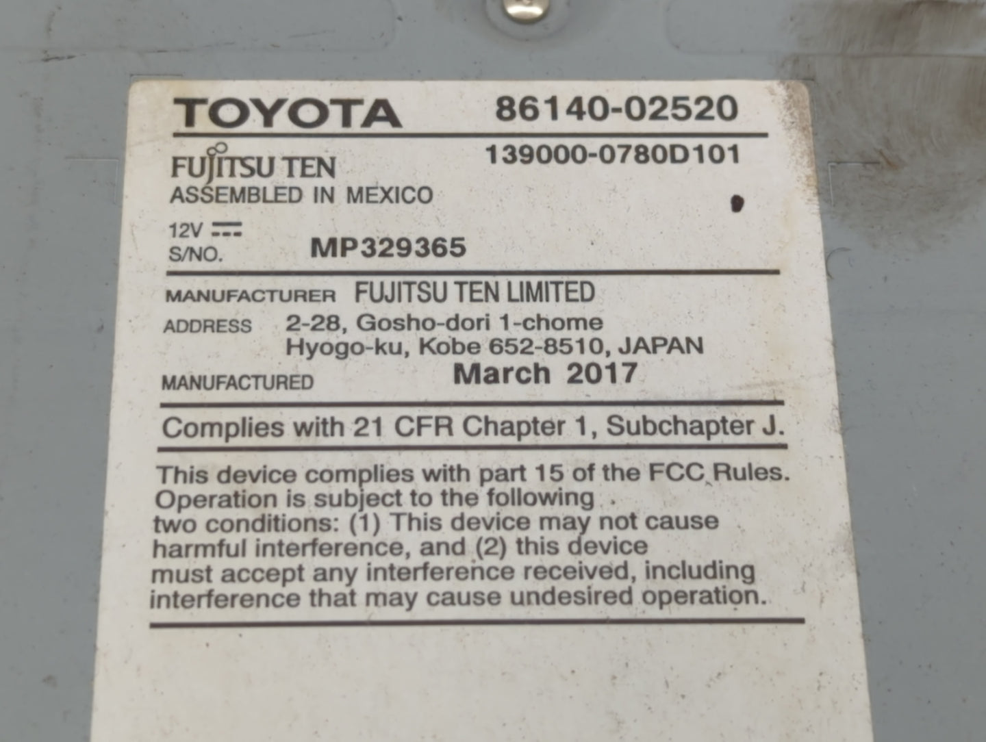 2017-2019 Toyota Corolla Radio AM FM Cd Player Receiver Replacement P/N:86140-02520 Fits Fits 2017 2018 2019 OEM Used Auto Parts - Oemusedautoparts1.com