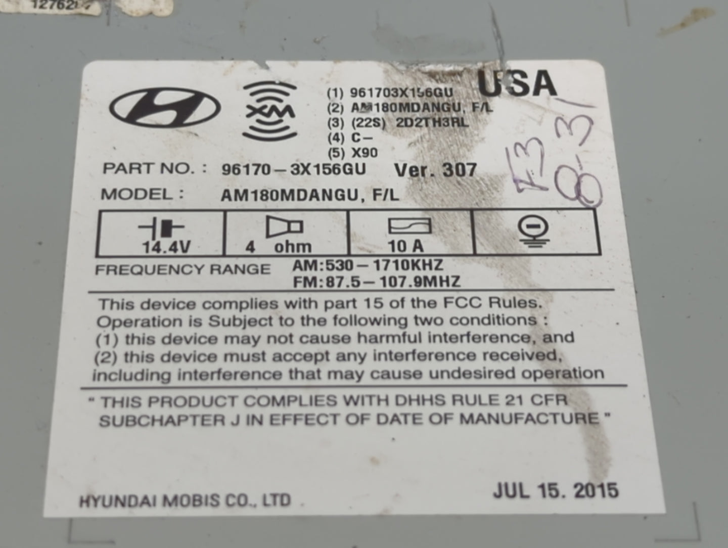 2014-2016 Hyundai Elantra Radio AM FM Cd Player Receiver Replacement P/N:96170-3X156GU Fits Fits 2014 2015 2016 OEM Used Auto Parts - Oemusedautoparts1.com