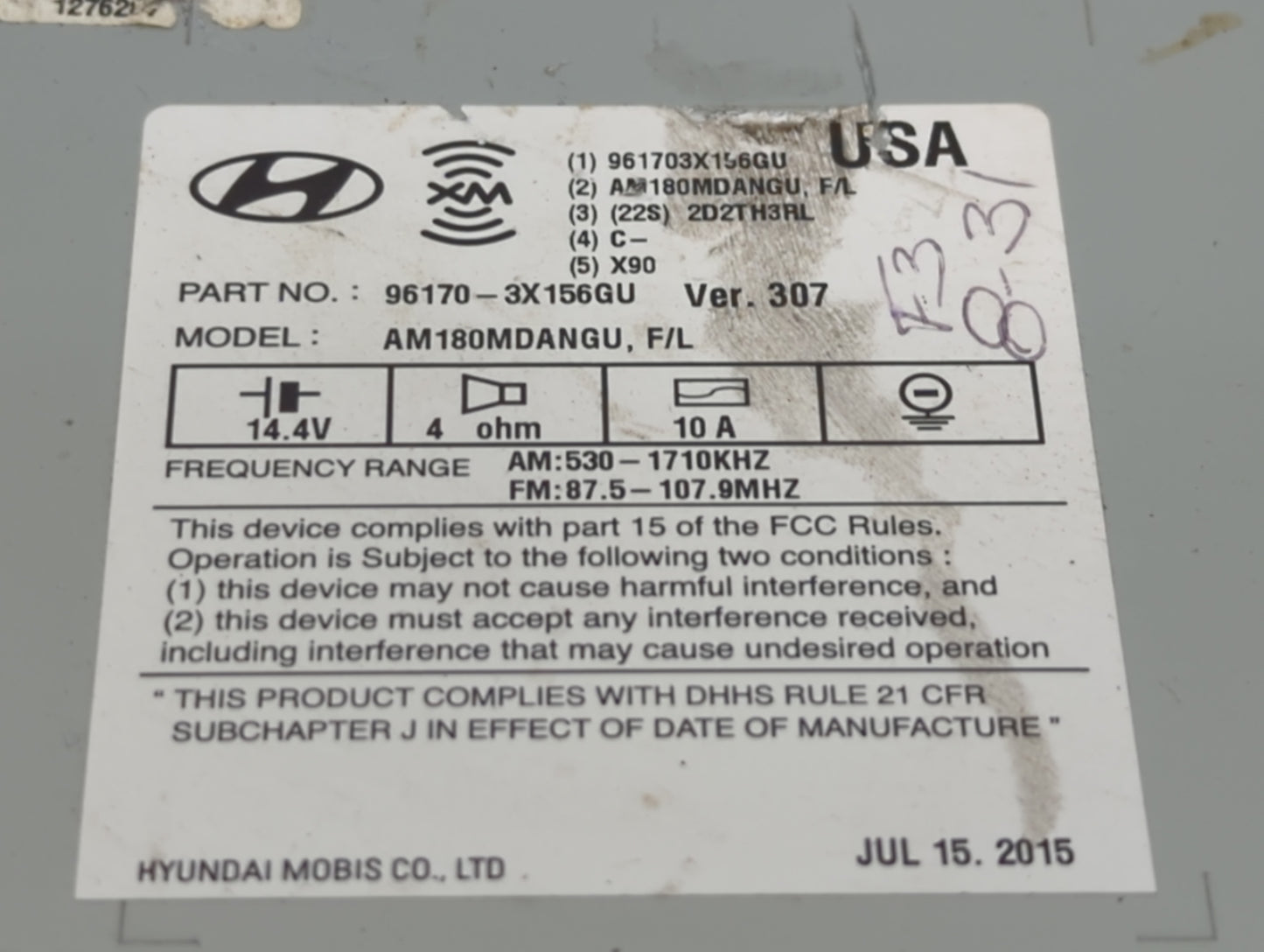 2014-2016 Hyundai Elantra Radio AM FM Cd Player Receiver Replacement P/N:96170-3X156GU Fits Fits 2014 2015 2016 OEM Used Auto Parts - Oemusedautoparts1.com