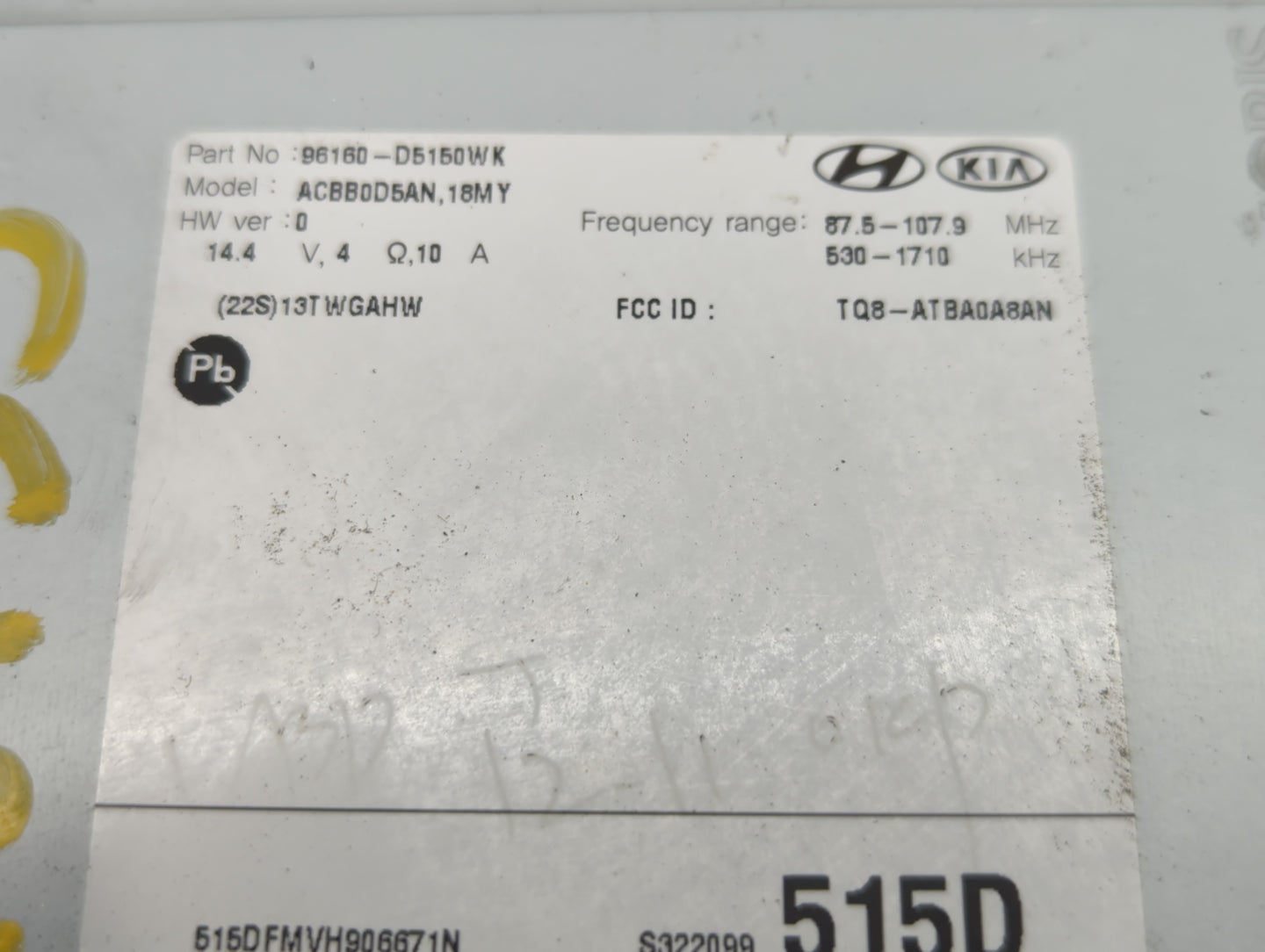 2017-2018 Kia Optima Radio AM FM Cd Player Receiver Replacement P/N:96160-D5150WK Fits Fits 2017 2018 OEM Used Auto Parts - Oemusedautoparts1.com