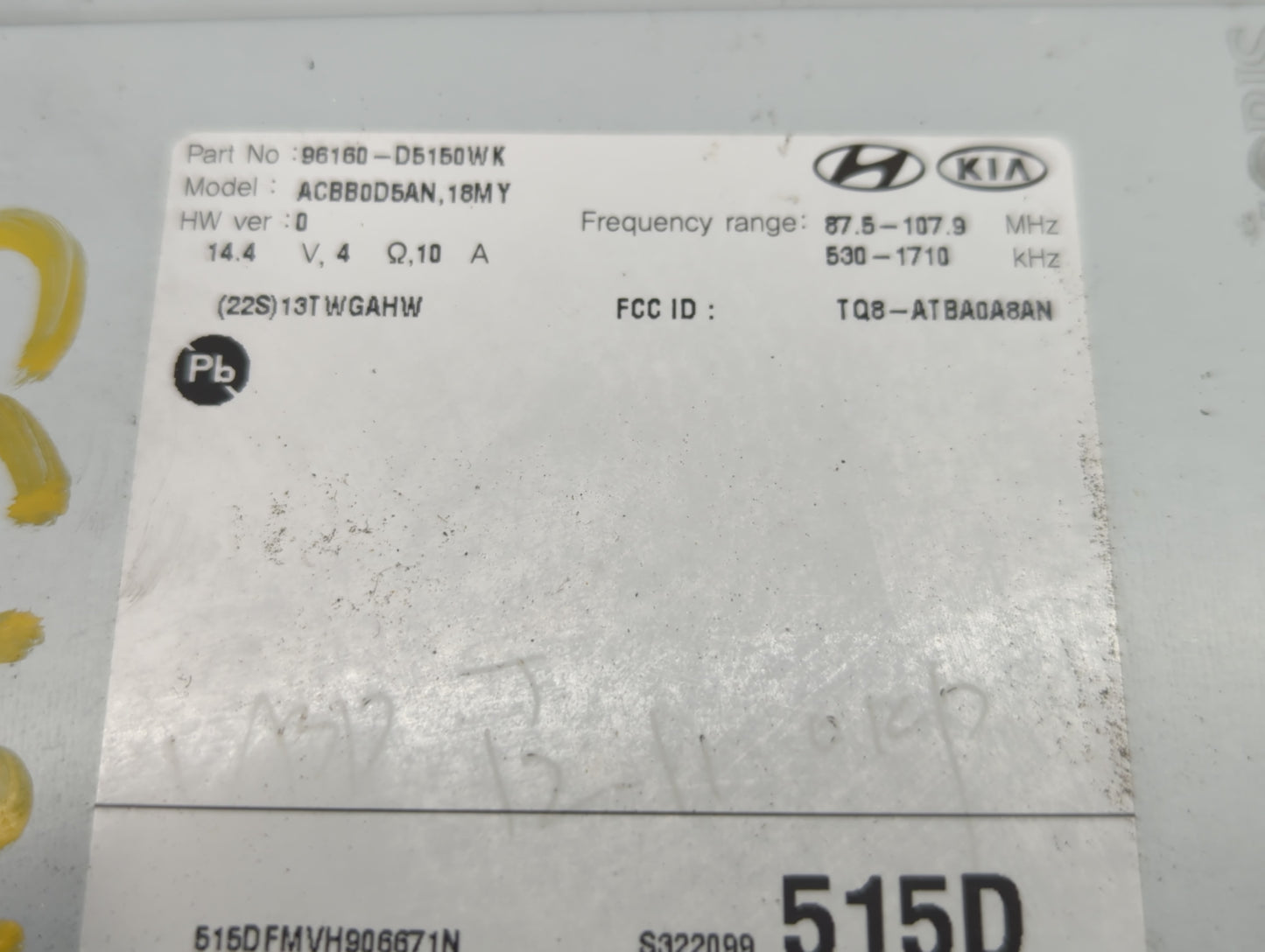 2017-2018 Kia Optima Radio AM FM Cd Player Receiver Replacement P/N:96160-D5150WK Fits Fits 2017 2018 OEM Used Auto Parts - Oemusedautoparts1.com