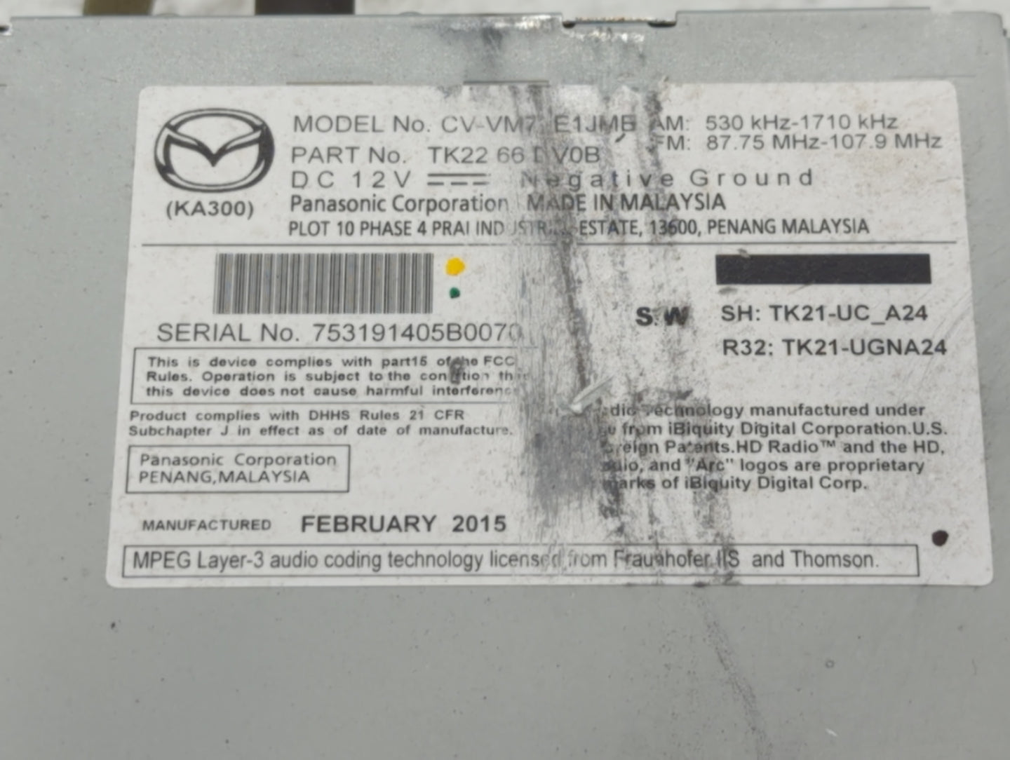 2013-2015 Mazda Cx-9 Radio AM FM Cd Player Receiver Replacement P/N:TK21 66 DV0D Fits Fits 2013 2014 2015 OEM Used Auto Parts - Oemusedautoparts1.com