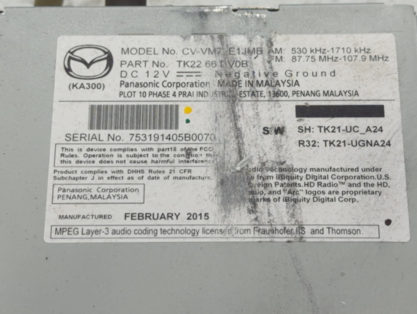 2013-2015 Mazda Cx-9 Radio AM FM Cd Player Receiver Replacement P/N:TK21 66 DV0D Fits Fits 2013 2014 2015 OEM Used Auto Parts - Oemusedautoparts1.com