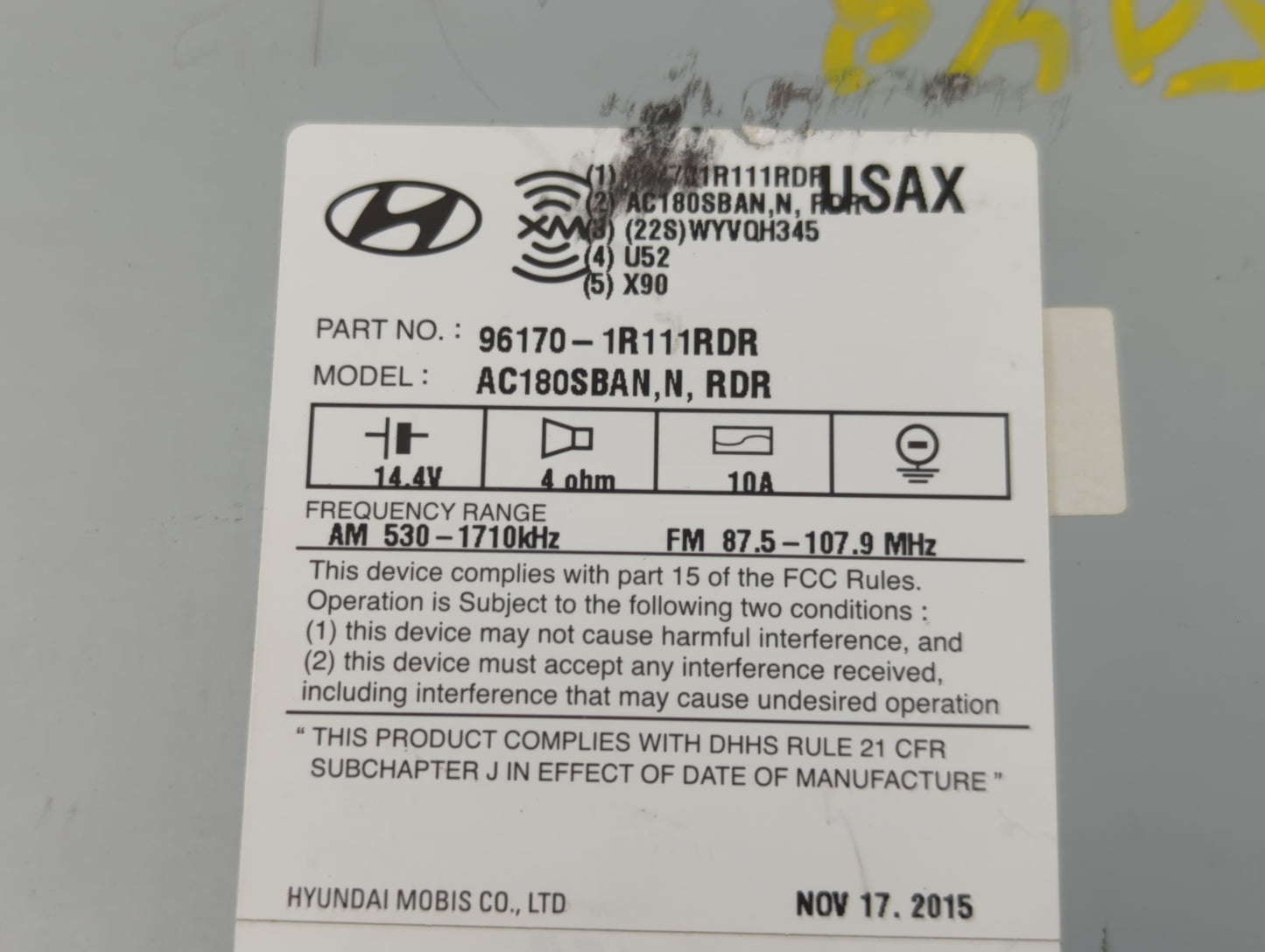 2015-2017 Hyundai Accent Radio AM FM Cd Player Receiver Replacement P/N:96170-1R111RDR Fits Fits 2015 2016 2017 OEM Used Auto Parts - Oemusedautoparts1.com