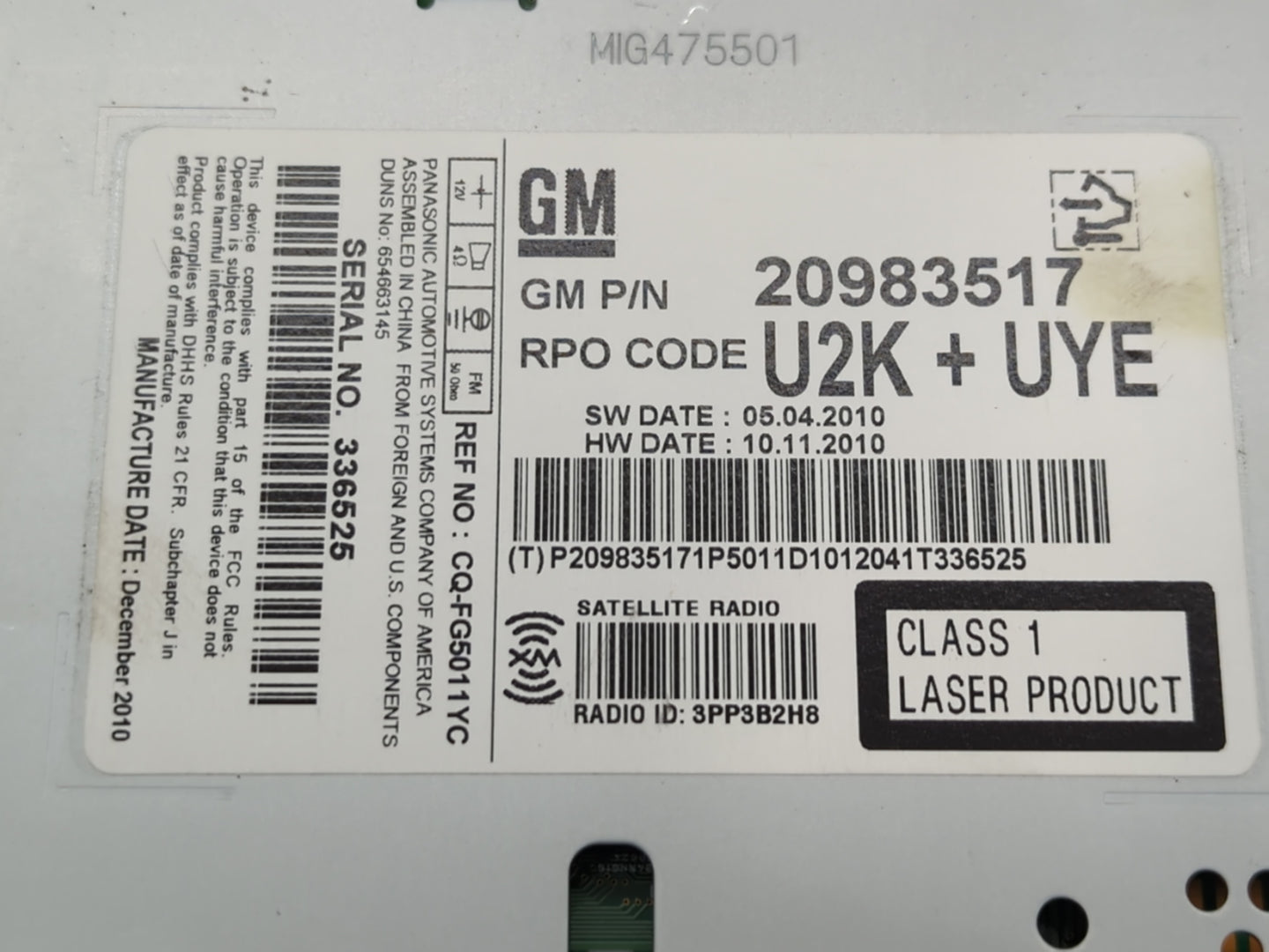 2011-2012 Chevrolet Camaro Radio AM FM Cd Player Receiver Replacement P/N:20983517 Fits Fits 2010 2011 2012 OEM Used Auto Parts - Oemusedautoparts1.com