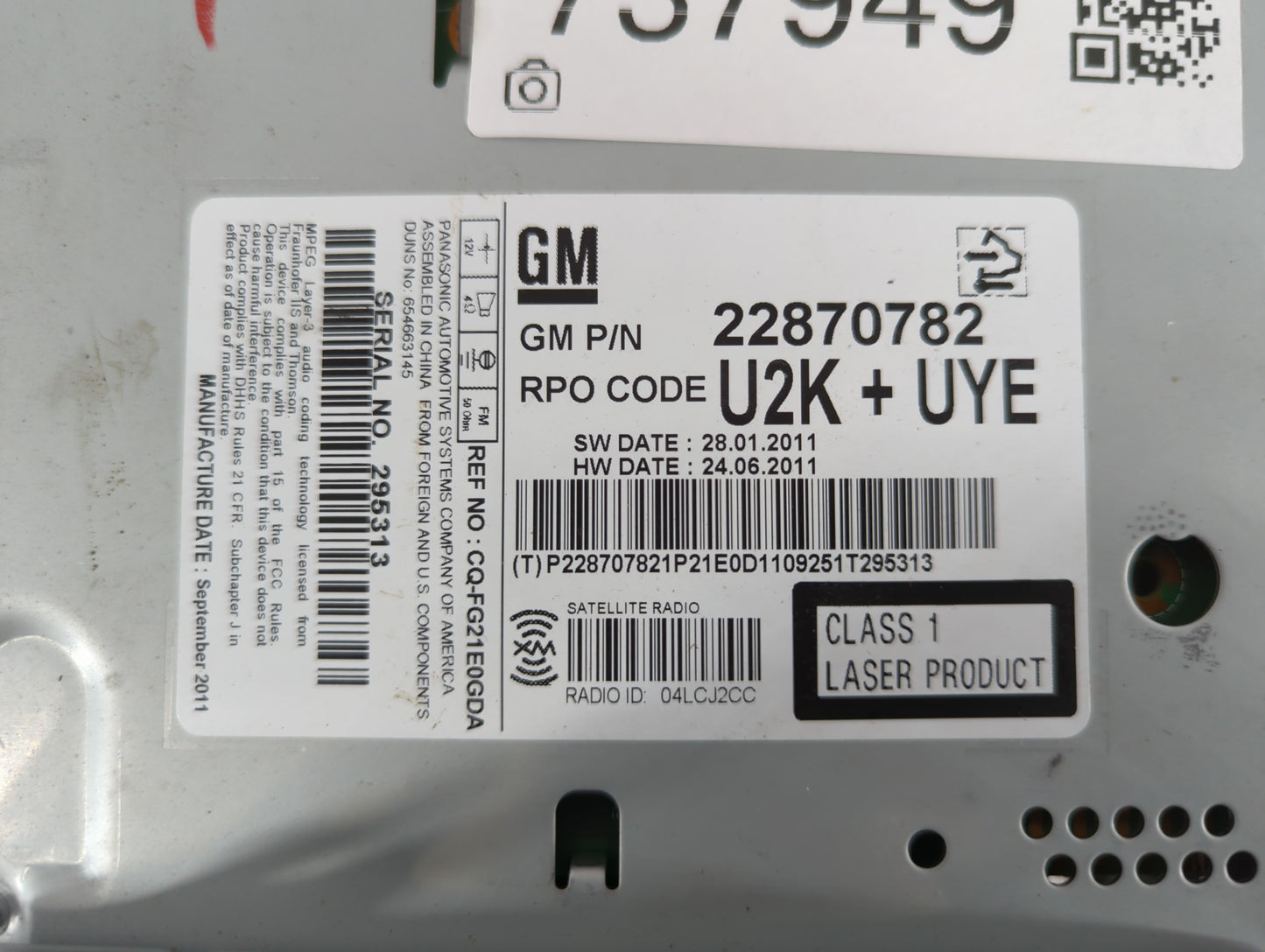 2011-2012 Chevrolet Cruze Radio AM FM Cd Player Receiver Replacement P/N:22870782 Fits Fits 2010 2011 2012 OEM Used Auto Parts - Oemusedautoparts1.com