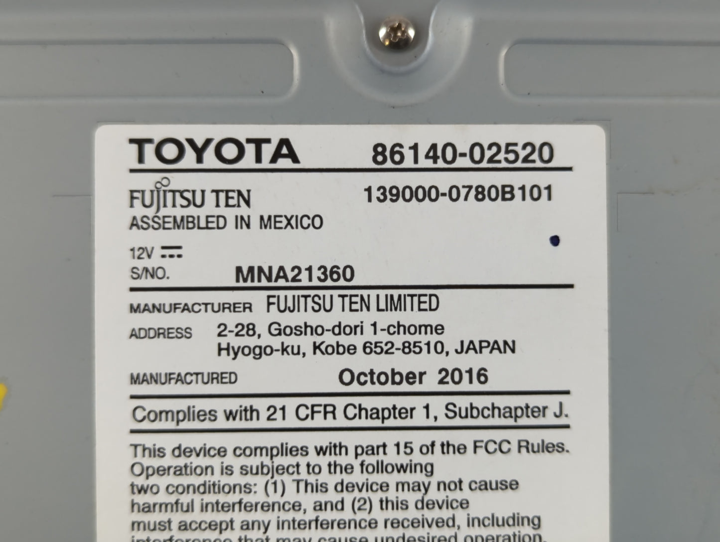 2017-2019 Toyota Corolla Radio AM FM Cd Player Receiver Replacement P/N:86140-02520 Fits Fits 2017 2018 2019 OEM Used Auto Parts - Oemusedautoparts1.com