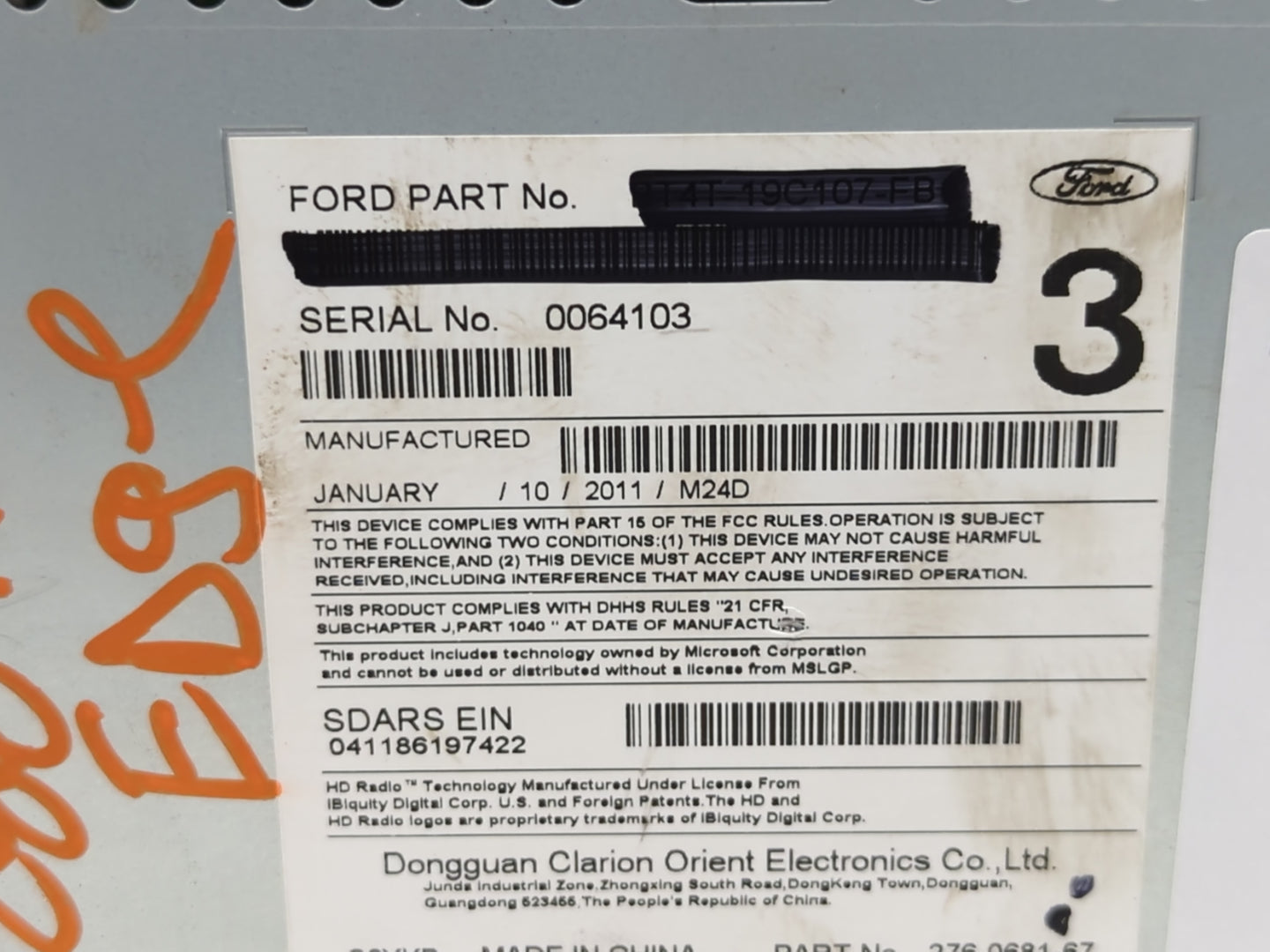 2011 Ford Edge Radio AM FM Cd Player Receiver Replacement P/N:BT4T-19C107-FB Fits OEM Used Auto Parts - Oemusedautoparts1.com