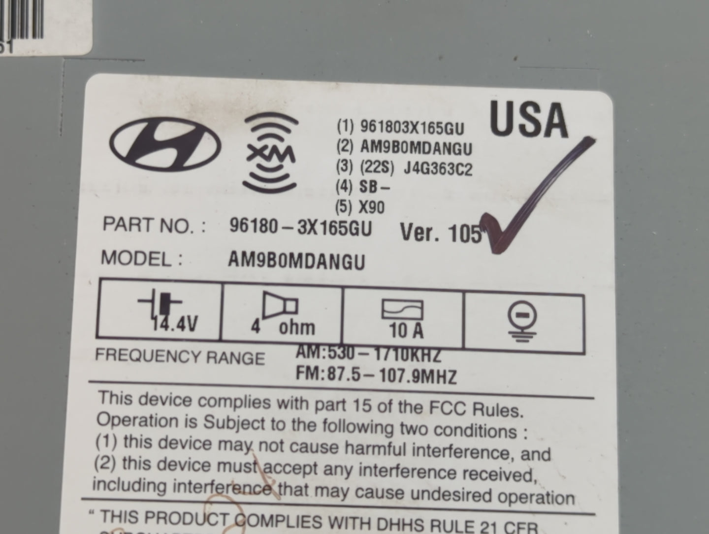 2014-2016 Hyundai Elantra Radio AM FM Cd Player Receiver Replacement P/N:96180-3X165GU Fits Fits 2014 2015 2016 OEM Used Auto Parts - Oemusedautoparts1.com