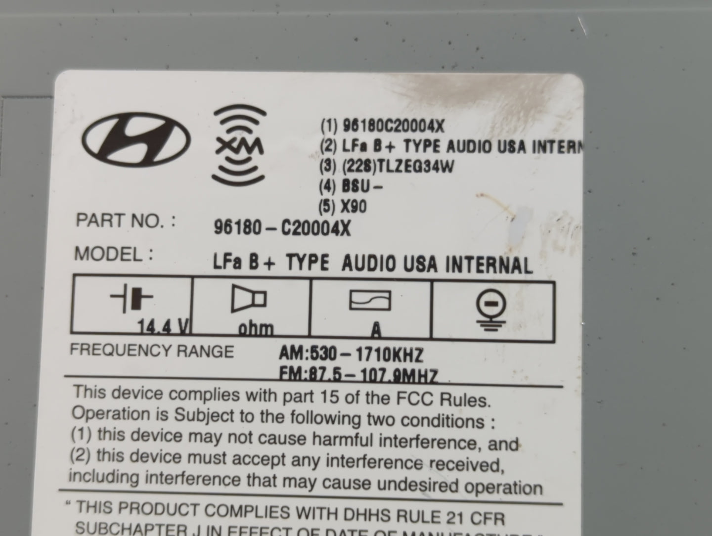 2015 Hyundai Sonata Radio AM FM Cd Player Receiver Replacement P/N:96180-C20004X Fits OEM Used Auto Parts - Oemusedautoparts1.com