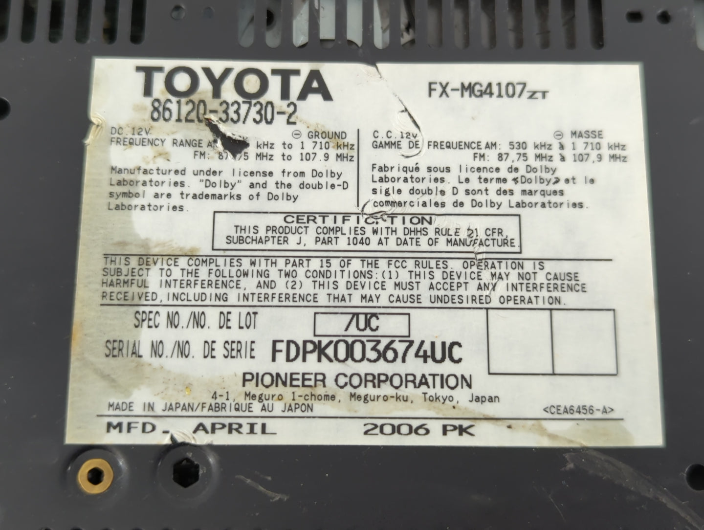 2007-2009 Lexus Es350 Radio AM FM Cd Player Receiver Replacement P/N:86120-33730 Fits Fits 2007 2008 2009 OEM Used Auto Parts - Oemusedautoparts1.com