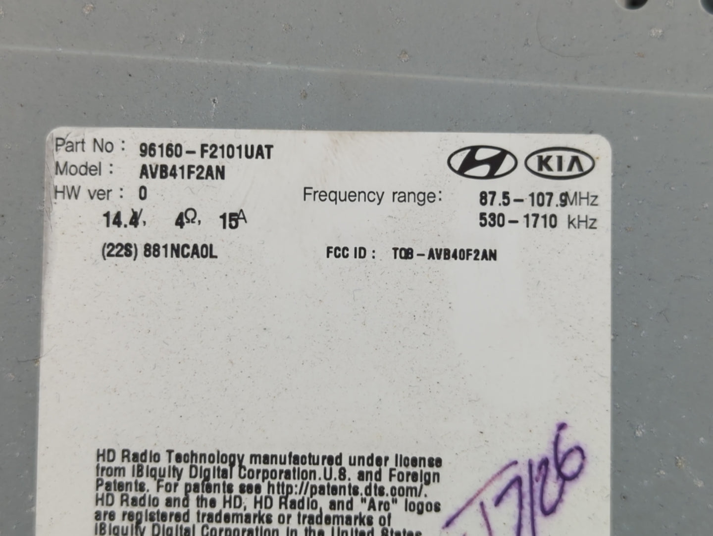 2017-2018 Hyundai Elantra Radio AM FM Cd Player Receiver Replacement P/N:96160-F2101UAT Fits Fits 2017 2018 OEM Used Auto Parts - Oemusedautoparts1.com