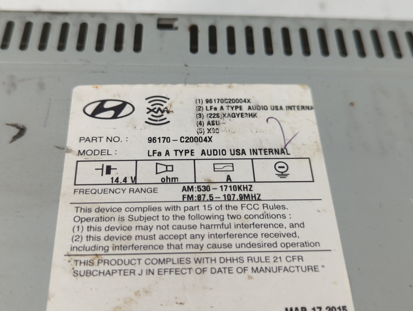 2015 Hyundai Sonata Radio AM FM Cd Player Receiver Replacement P/N:96170-C20004X 96180-C20004X Fits OEM Used Auto Parts - Oemusedautoparts1.com