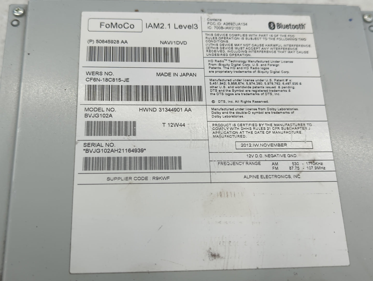 2012-2013 Jaguar Xf Radio AM FM Cd Player Receiver Replacement P/N:50645928 AA CF6N-18C815-JE Fits Fits 2012 2013 OEM Used Auto Parts - Oemusedautoparts1.com