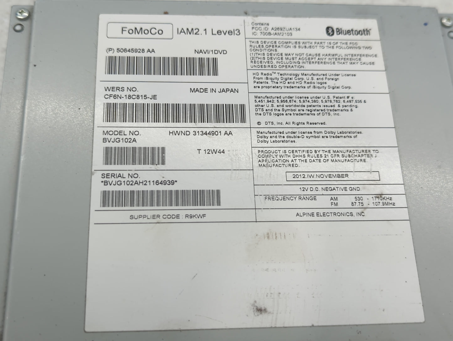 2012-2013 Jaguar Xf Radio AM FM Cd Player Receiver Replacement P/N:50645928 AA CF6N-18C815-JE Fits Fits 2012 2013 OEM Used Auto Parts - Oemusedautoparts1.com