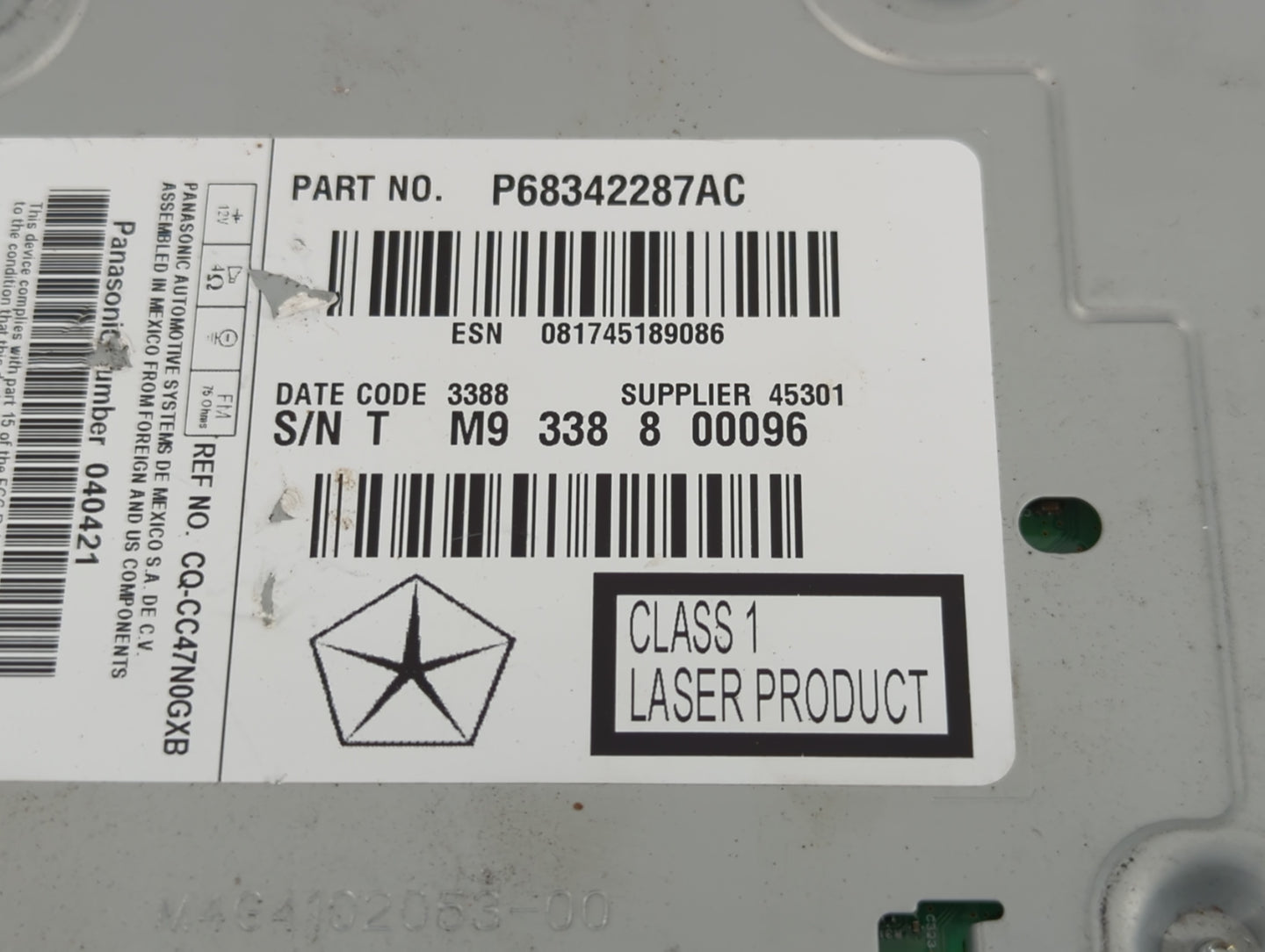 2018-2020 Dodge Journey Radio AM FM Cd Player Receiver Replacement P/N:P68342287AC Fits Fits 2018 2019 2020 OEM Used Auto Parts - Oemusedautoparts1.com