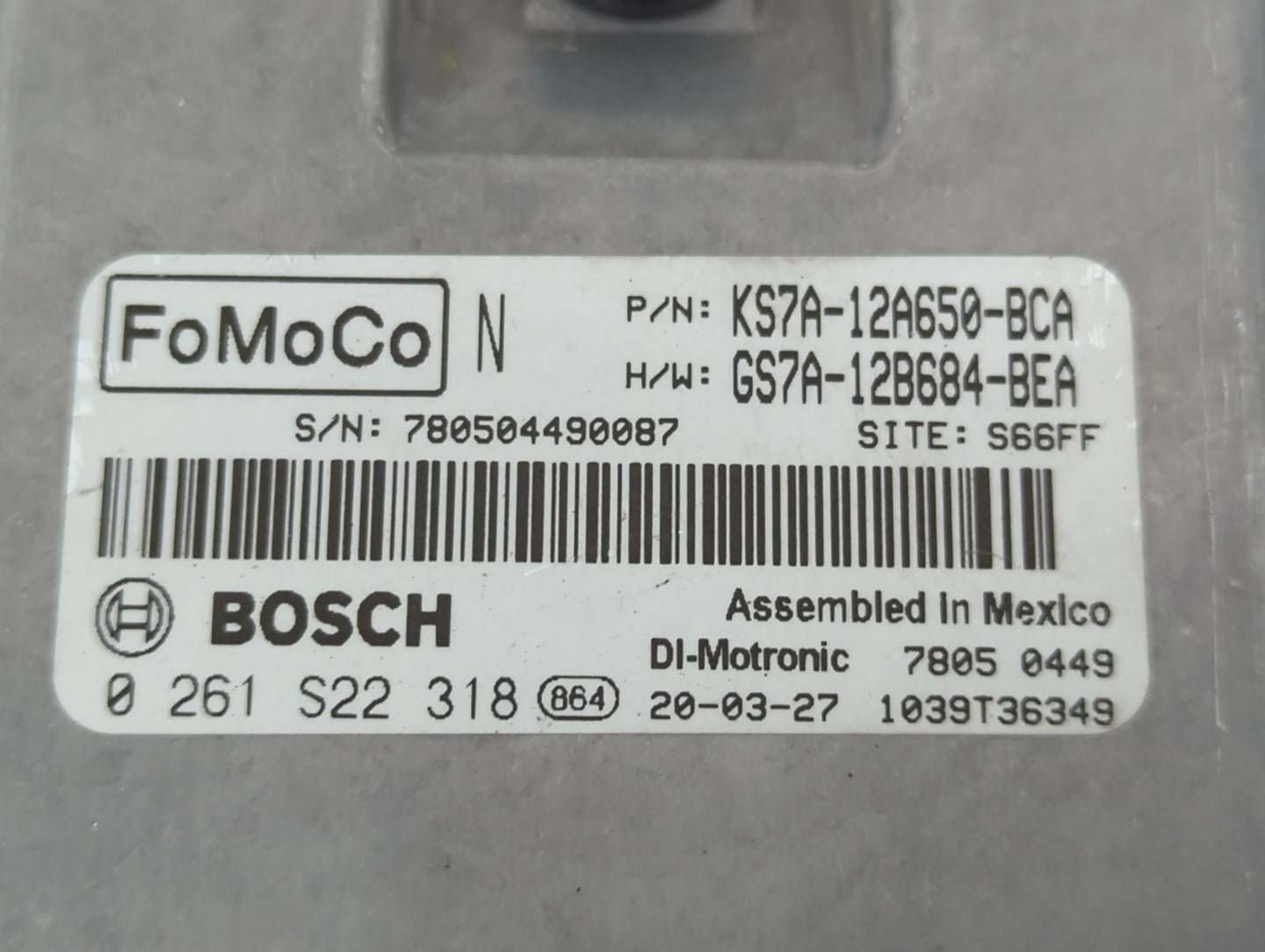 2020 Ford Fusion PCM Engine Control Computer ECU ECM PCU OEM P/N:0 261 S22 318 GS7A-12B684-BEA, KS7A-12A650-BCA Fits OEM Used Auto Parts - Oemusedautoparts1.com