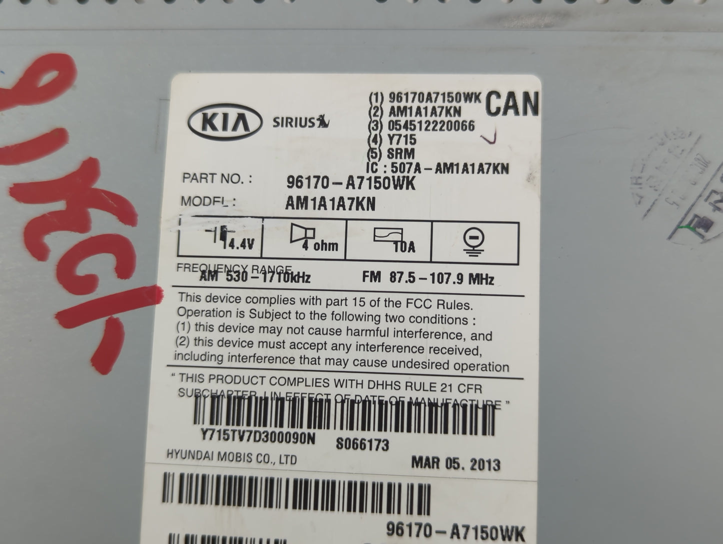 2014-2016 Kia Forte Radio AM FM Cd Player Receiver Replacement P/N:96170-A7150WK Fits Fits 2014 2015 2016 OEM Used Auto Parts - Oemusedautoparts1.com