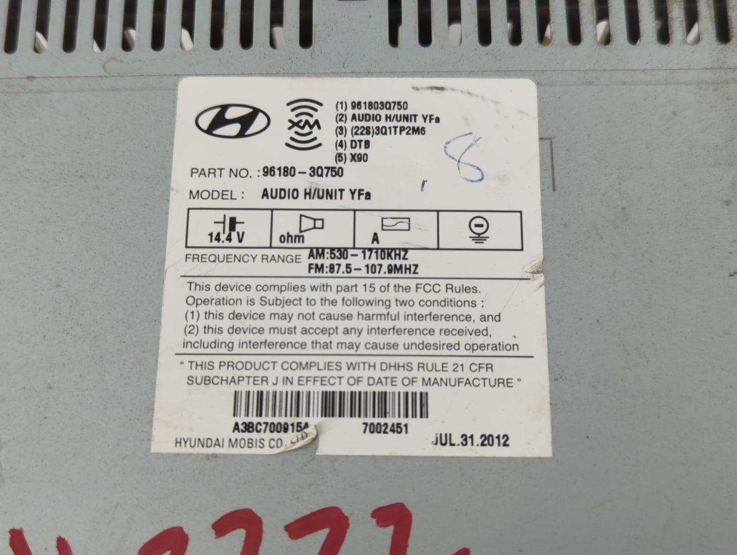 2011-2015 Hyundai Sonata Radio AM FM Cd Player Receiver Replacement P/N:96180-3Q750 Fits Fits 2011 2012 2013 2014 2015 OEM Used Auto Parts - Oemusedautoparts1.com