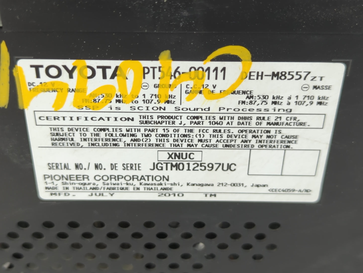 2011-2012 Scion Tc Radio AM FM Cd Player Receiver Replacement P/N:PT546-00111 Fits Fits 2008 2009 2010 2011 2012 2013 2014 OEM Used Auto Parts - Oemusedautoparts1.com