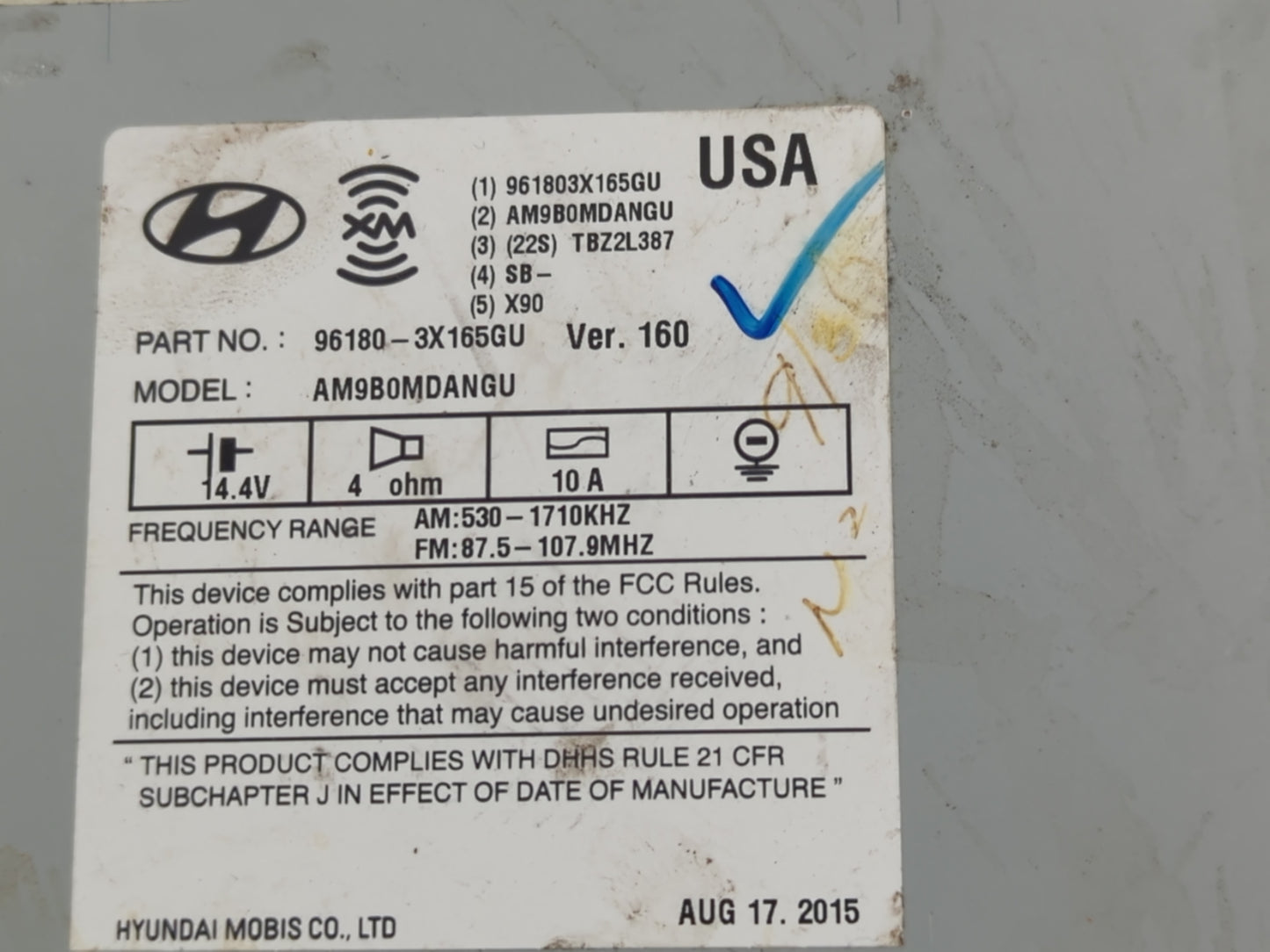 2014-2016 Hyundai Elantra Radio AM FM Cd Player Receiver Replacement P/N:96180-3X165GU Fits Fits 2014 2015 2016 OEM Used Auto Parts - Oemusedautoparts1.com
