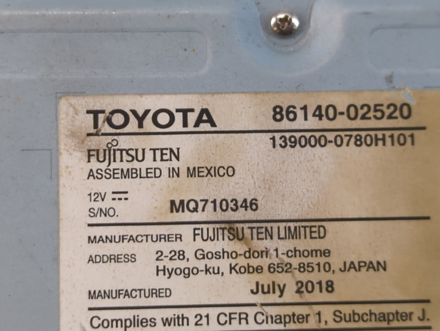 2017-2019 Toyota Corolla Radio AM FM Cd Player Receiver Replacement P/N:86140-02520 Fits Fits 2017 2018 2019 OEM Used Auto Parts - Oemusedautoparts1.com