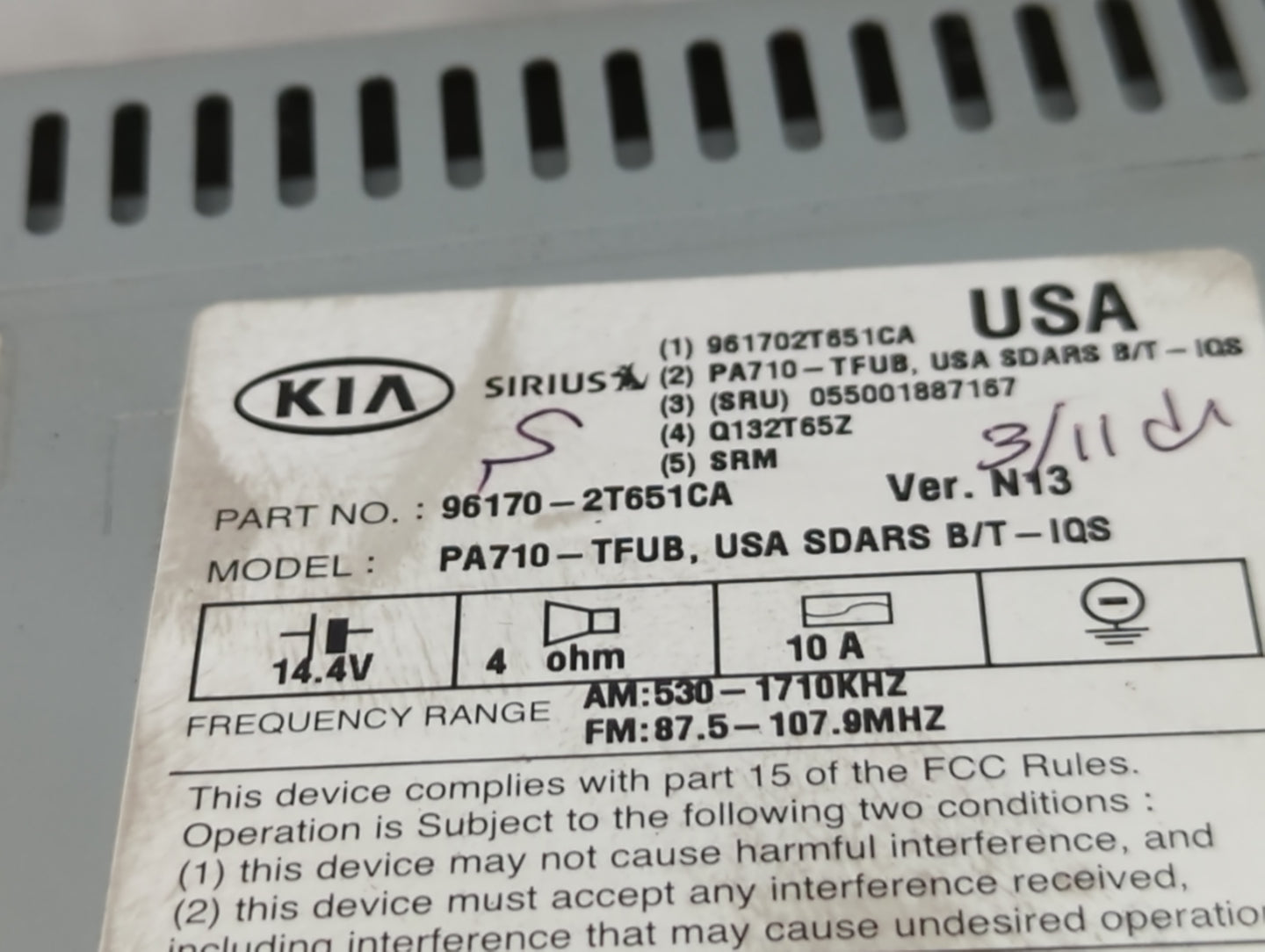 2011-2013 Kia Optima Radio AM FM Cd Player Receiver Replacement P/N:96170-2T651CA Fits Fits 2011 2012 2013 OEM Used Auto Parts - Oemusedautoparts1.com